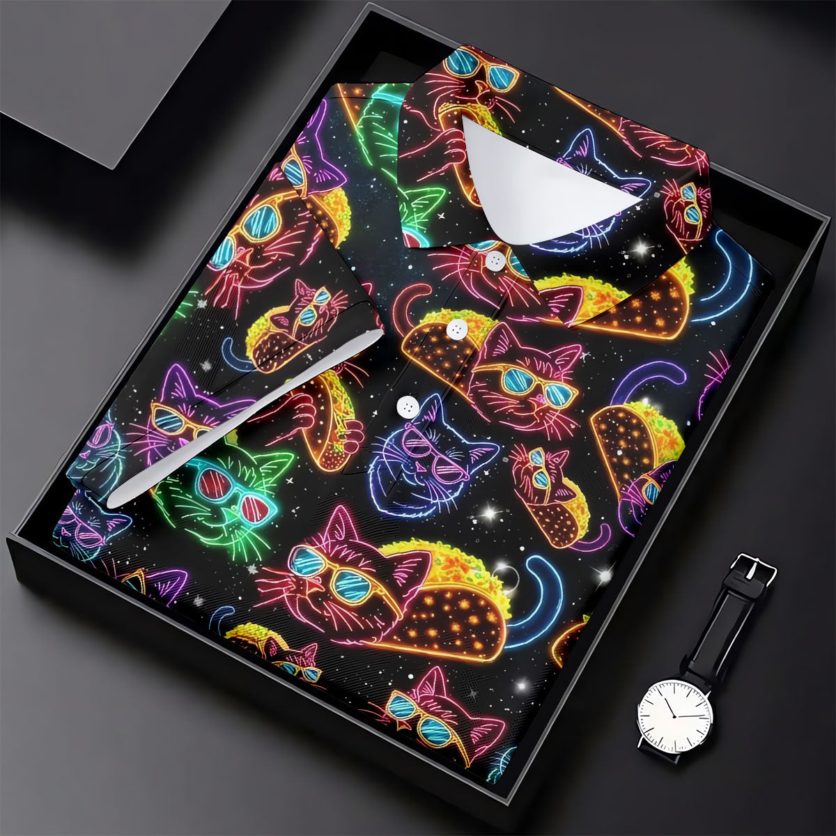 Neon Cat Taco Fiesta Time Hawaiian Golf Shirt, Cinco De Mayo Celebration Golf Shirts For Men