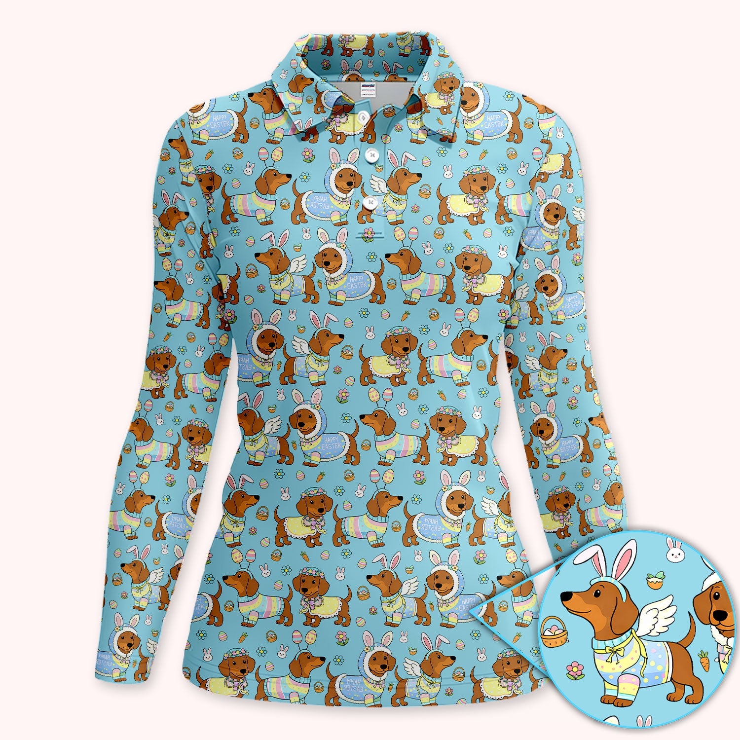 Dachshund Happy Easter Golf Polos, Easter Wiener Dog Pattern Golf Shirt, Golf Gift For Women