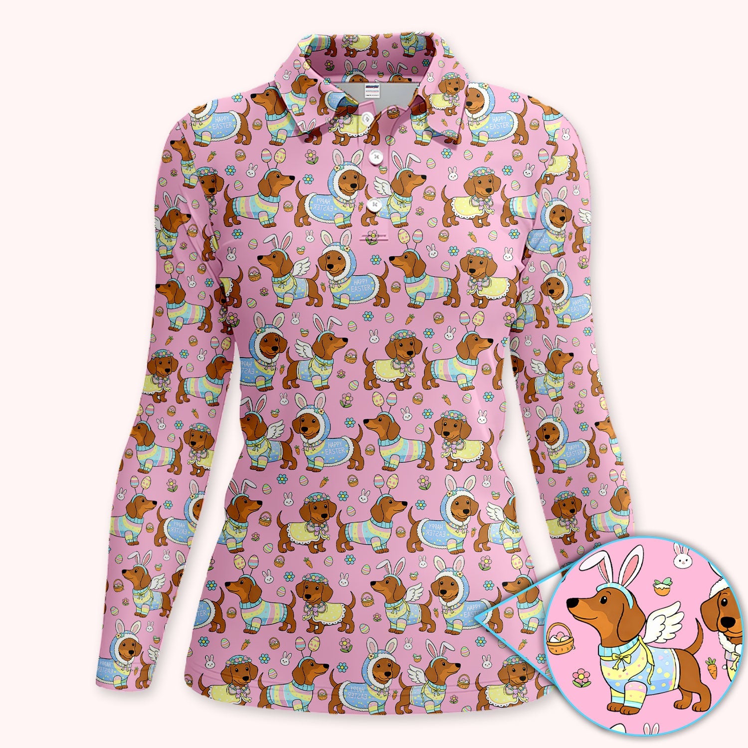 Dachshund Happy Easter Golf Polos, Easter Wiener Dog Pattern Golf Shirt, Golf Gift For Women