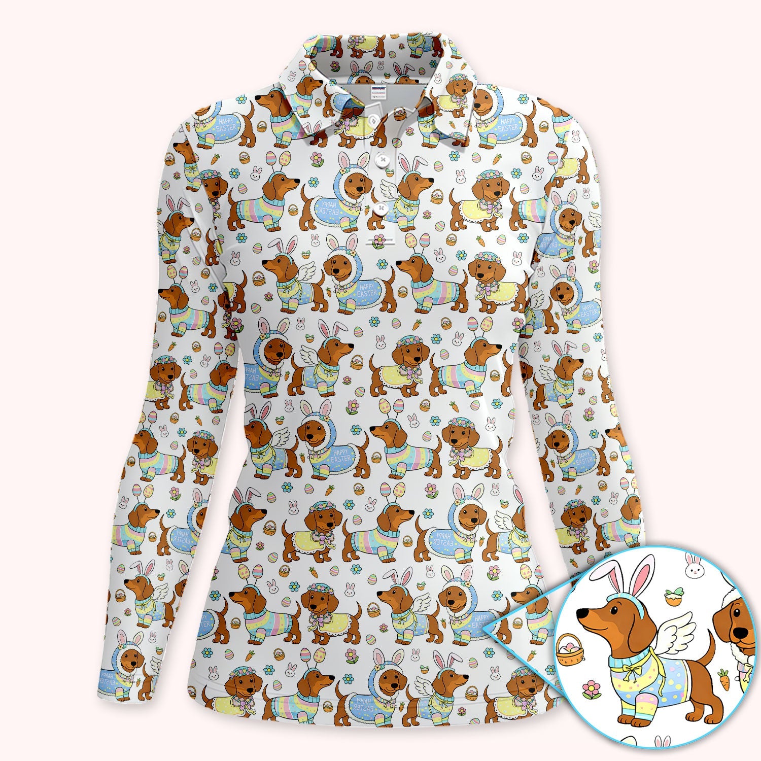 Dachshund Happy Easter Golf Polos, Easter Wiener Dog Pattern Golf Shirt, Golf Gift For Women