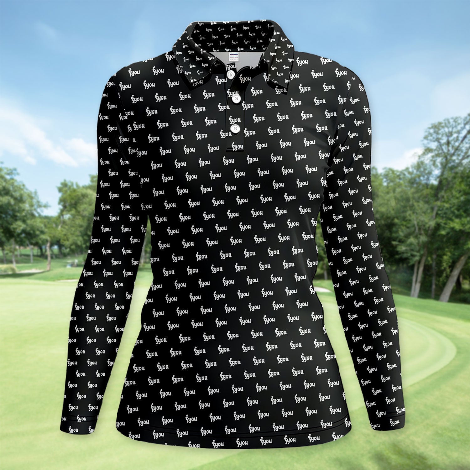 Minimalist Black Logo Golf Pattern Shirt, Monogram Streetwear Golf Shirt For Women, Trendy Gift