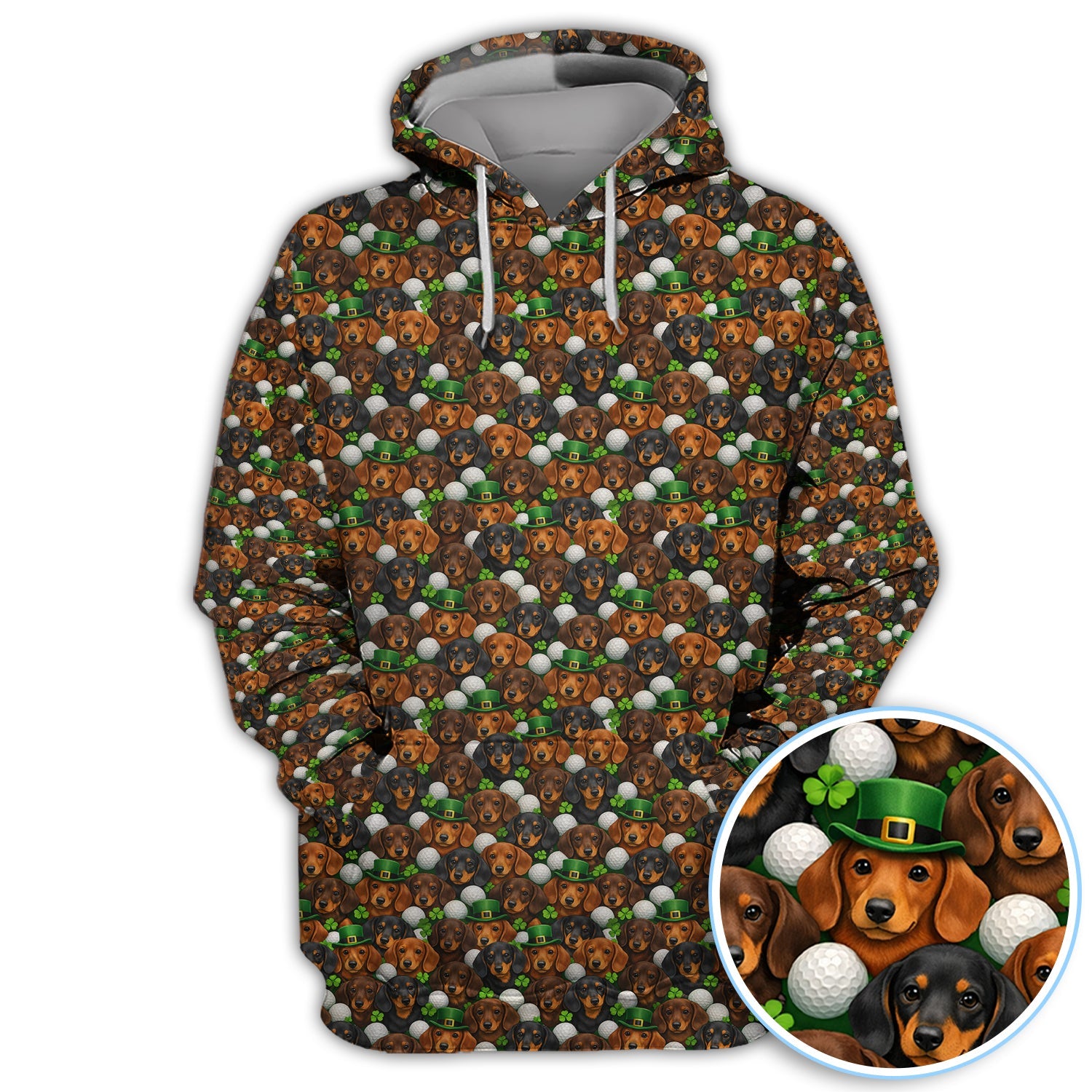 Dachshund St. Patrick’s Day Golf Polos, Wiener Dog Pattern Golf Shirt For Men, Funny Golf Gift For Golfer