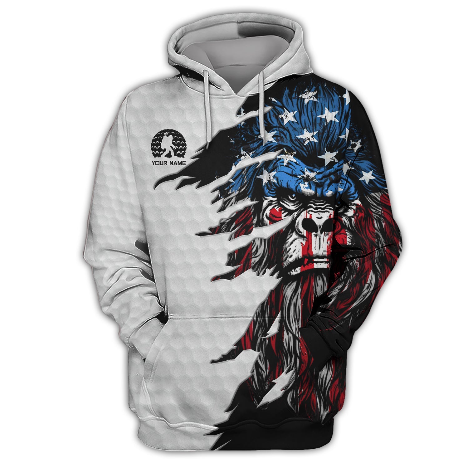 Personalized Patriotic Bigfoot Polos, Custom Name American Flag Bigfoot Golf Shirt, Golf Gift For Golfer