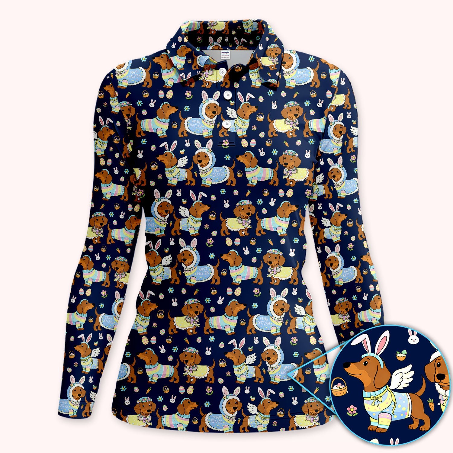 Dachshund Happy Easter Golf Polos, Easter Wiener Dog Pattern Golf Shirt, Golf Gift For Women