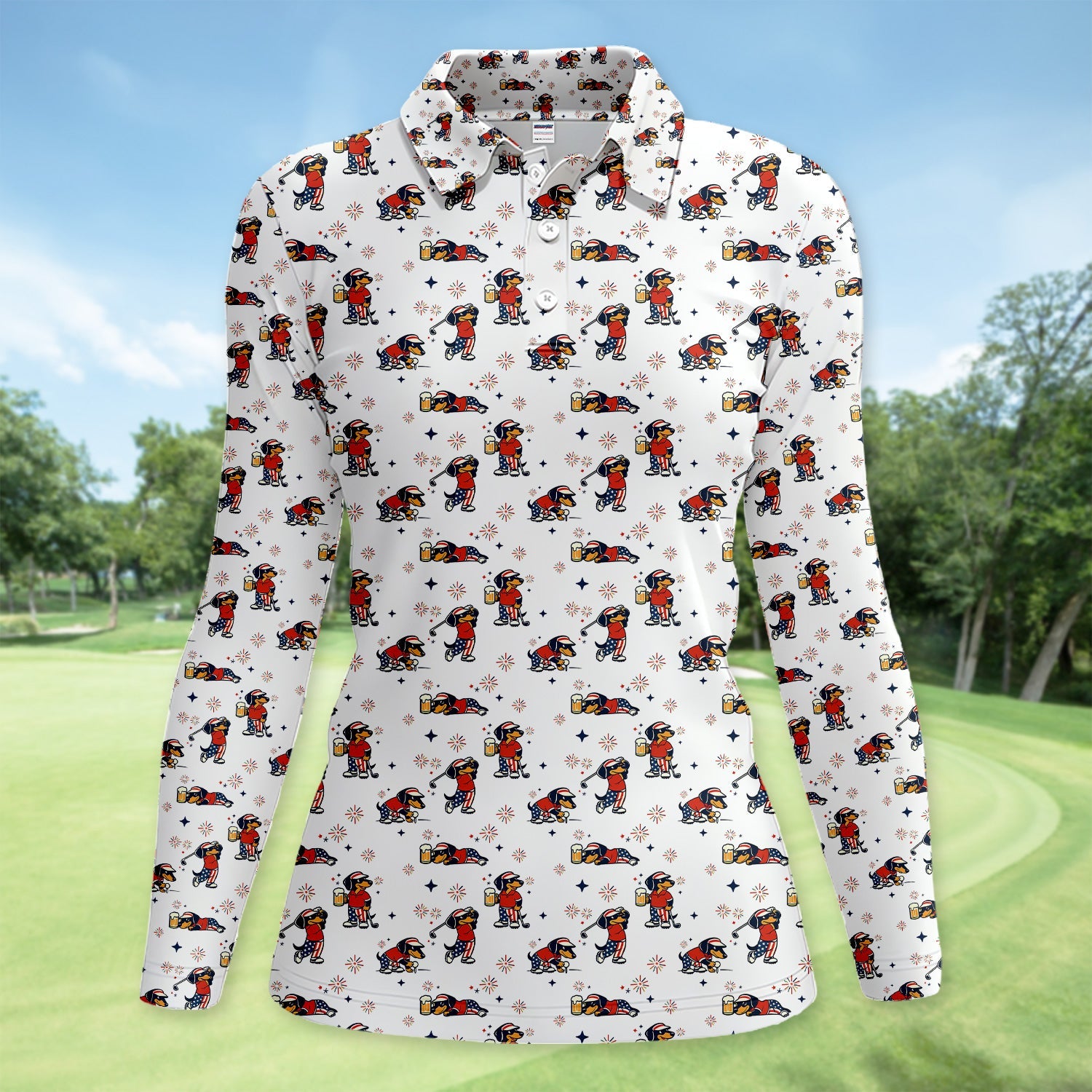 Funny Patriotic Golf Dog Polo Shirt, USA Dachshund Beer & Fireworks Pattern Shirt, 4th of July Golfer Gift For Women