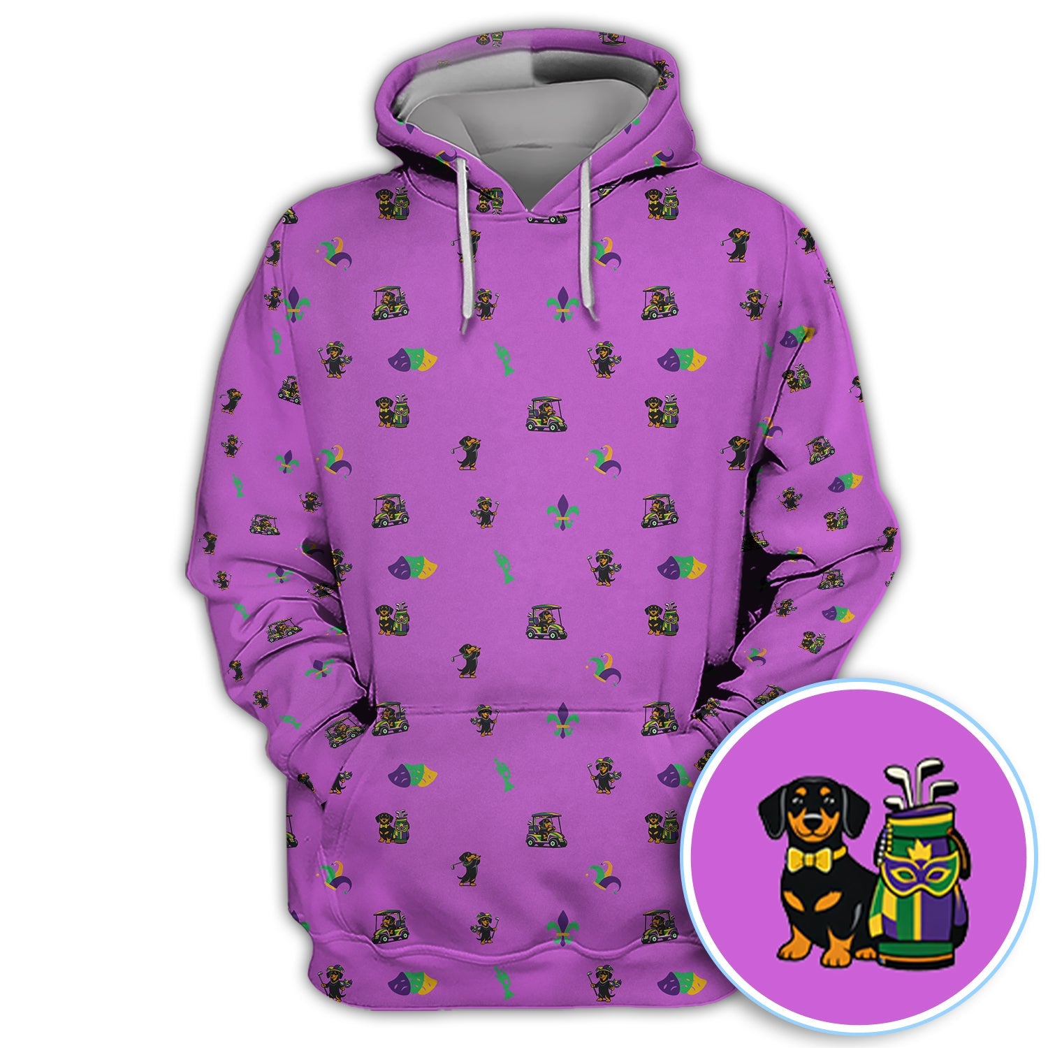 Mardi Gras Dachshund Golf Polos For Golfer, Funny Wiener Dog Pattern Golf Shirt, Golf Gift For Men