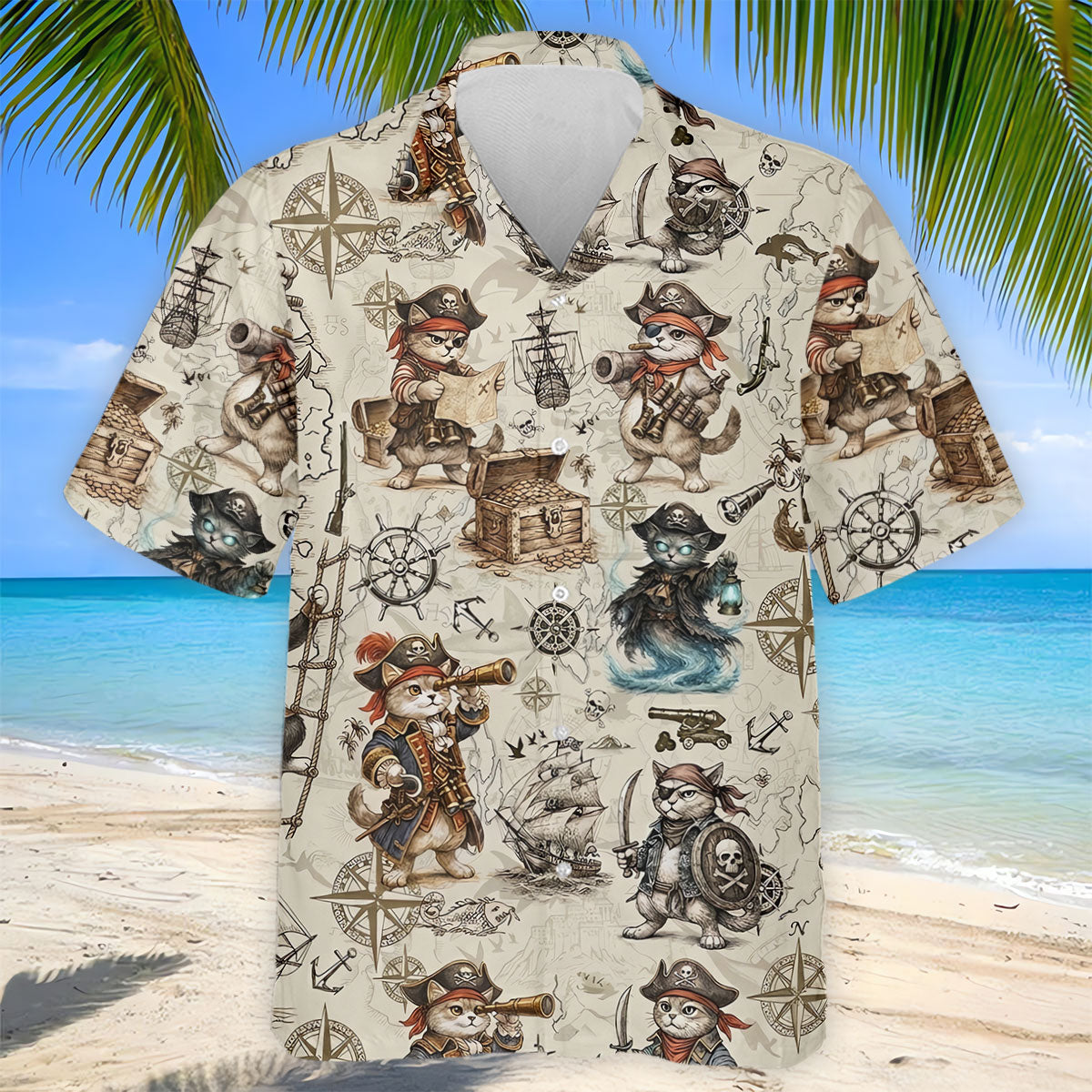 Vintage Pirate Cat Treasure Map Adventure Golf Shirt, Mens Polo Shirt, Hawaiian Golf Shirt, Golf Shirts For Men