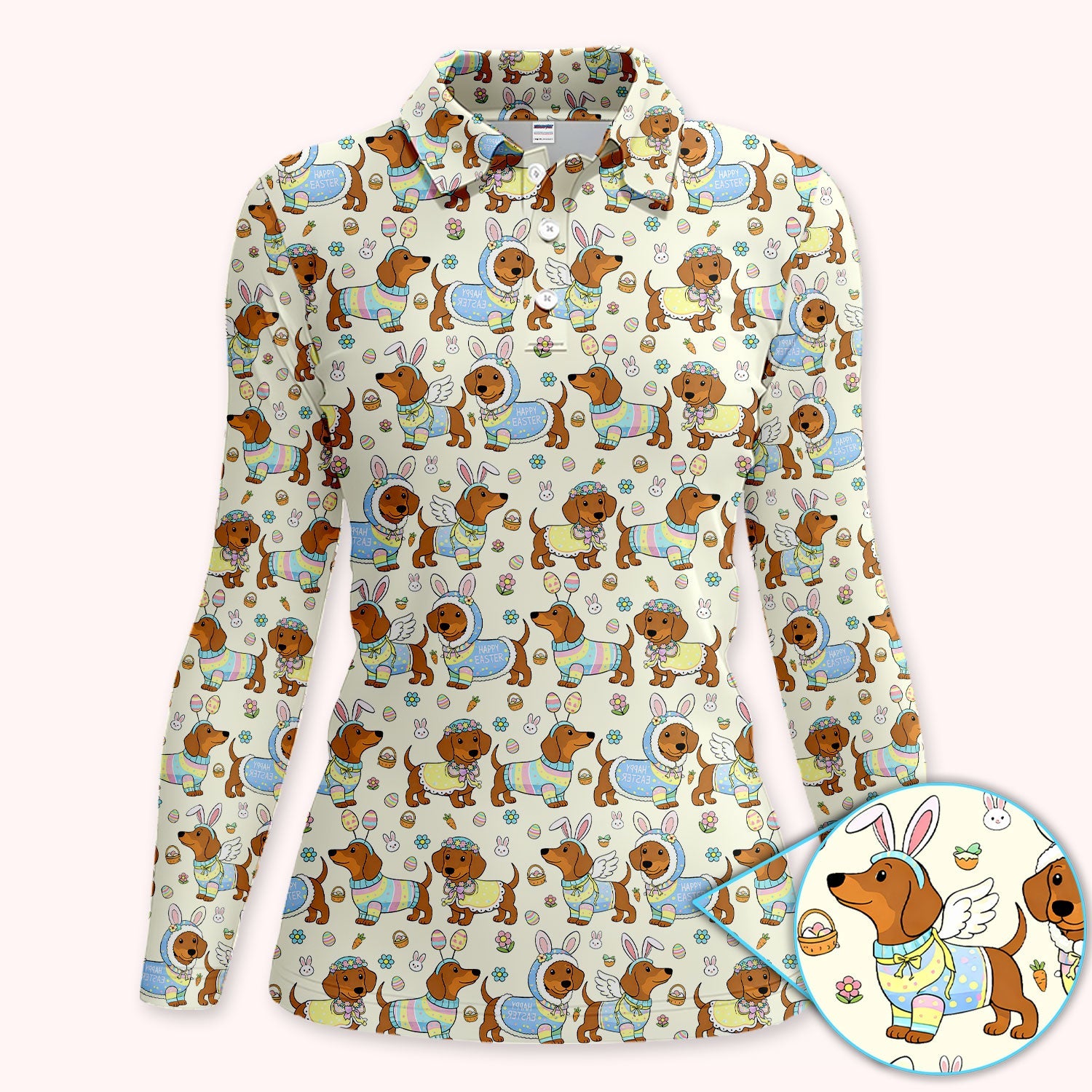 Dachshund Happy Easter Golf Polos, Easter Wiener Dog Pattern Golf Shirt, Golf Gift For Women