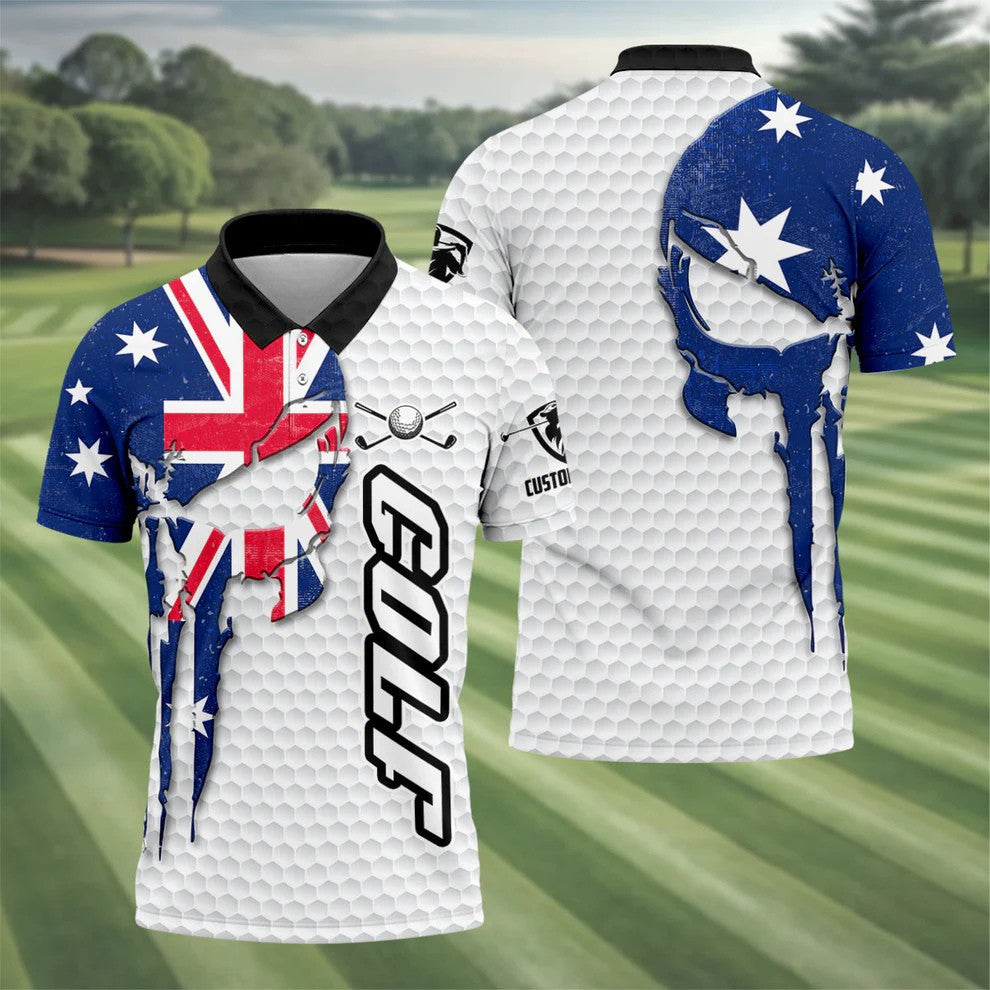 Cool Skull Golf Ball Pattern Australia Flag Print White Golf Shirt, Polo Shirts For Men