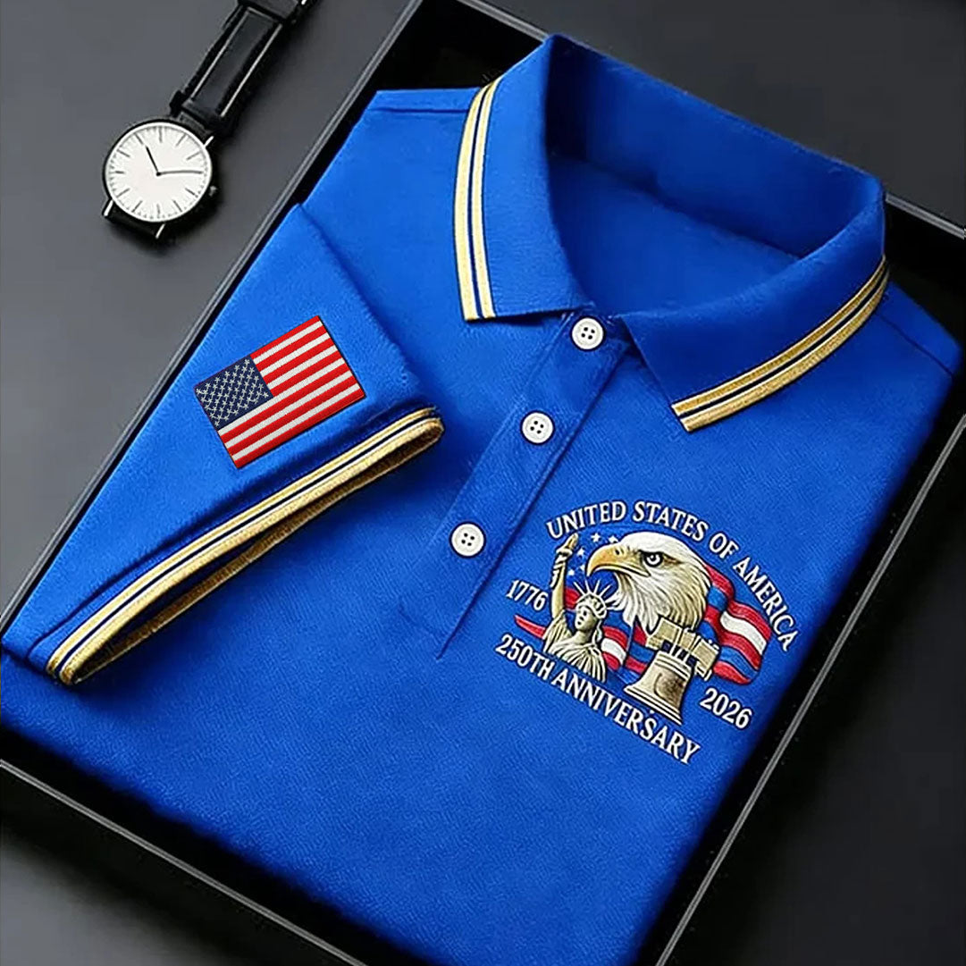 Bald Eagle American Flag 250 Years Blue Golf Shirt, Patriotic 4th Of July Golf Shirts For Men