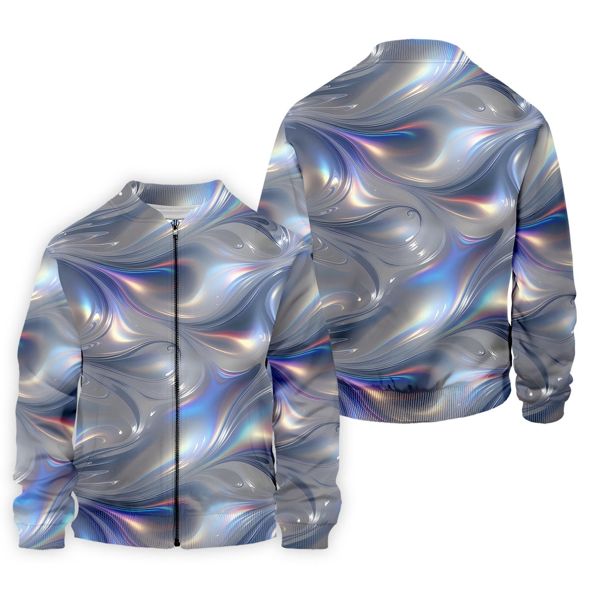 Silver Marble Golf Shirt, Futuristic Holographic Wave Pattern, Golf Shirt For Men