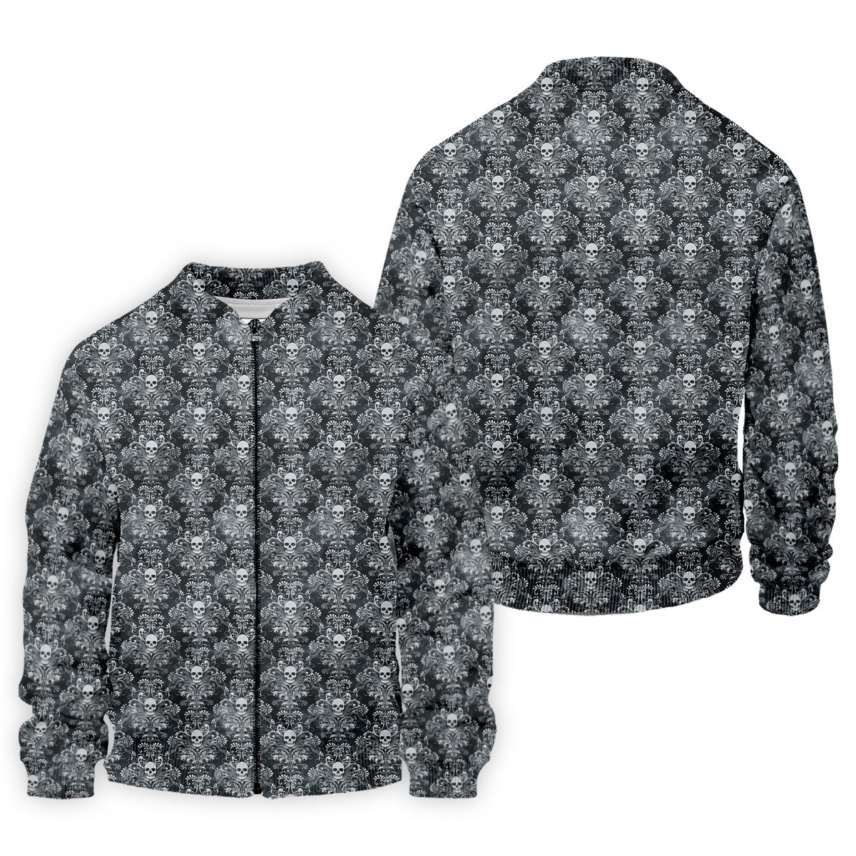 Skull Damask Charcoal Grey Gothic Floral Golf Tops For Men, Polo Shirts For Men, Golf Shirts For Men