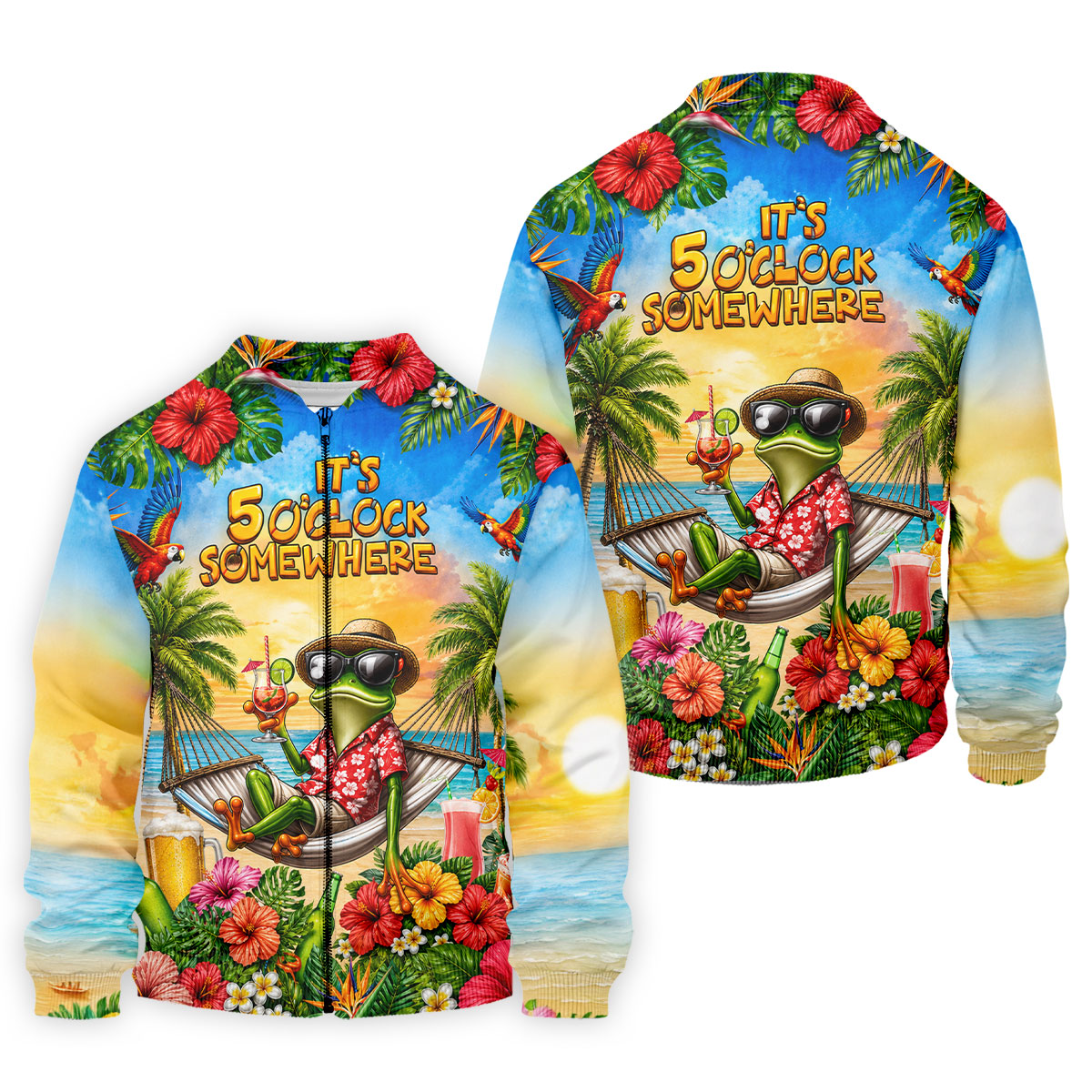 Funny Tropical Frog Drinking Hawaiian Golf Shirt, Mens Golf Polo, Printed Golf Shirts