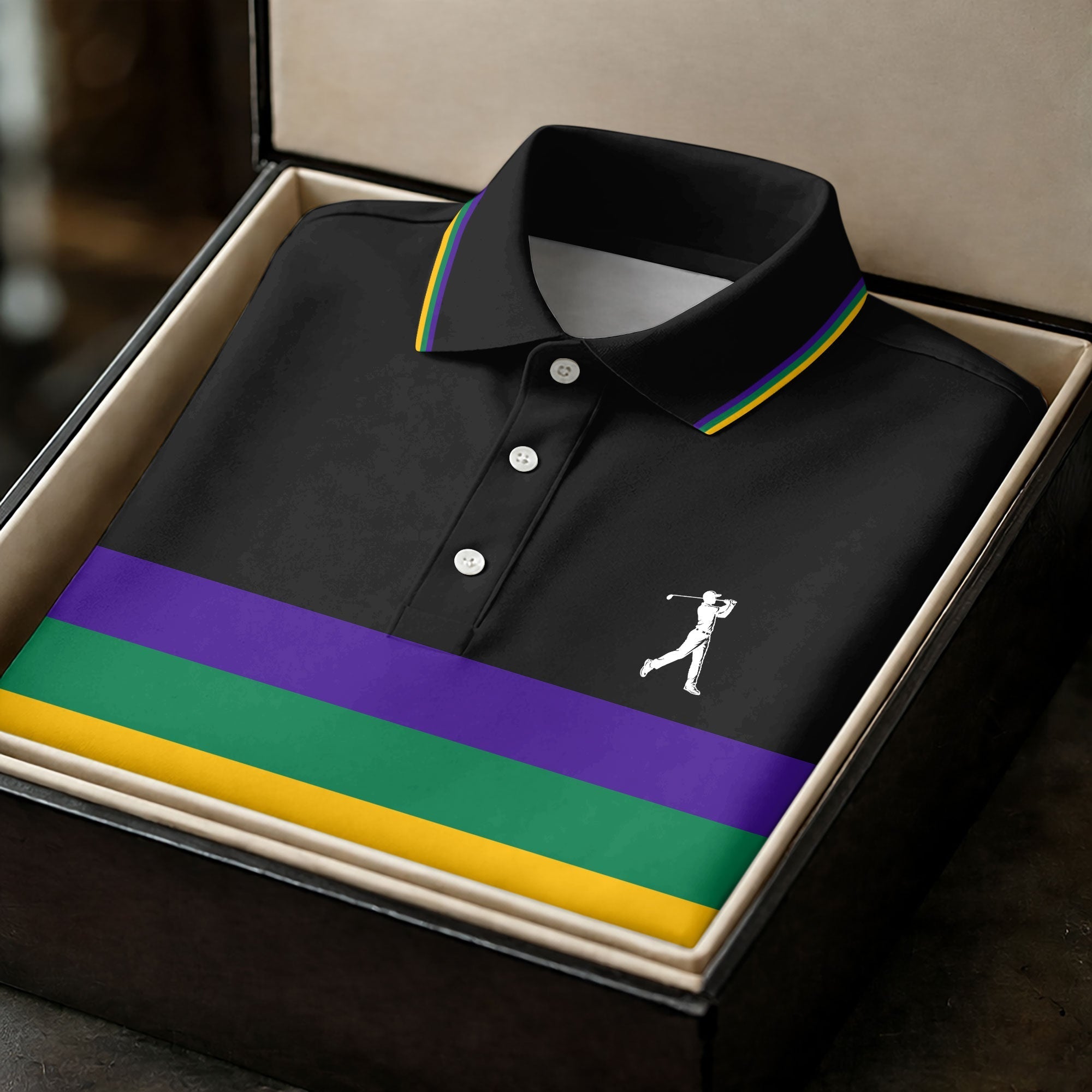 Mardi Gras Purple Green Gold Horizontal Stripes Black Golf Shirt, Women's Golf Shirts, Ladies Golf Polos