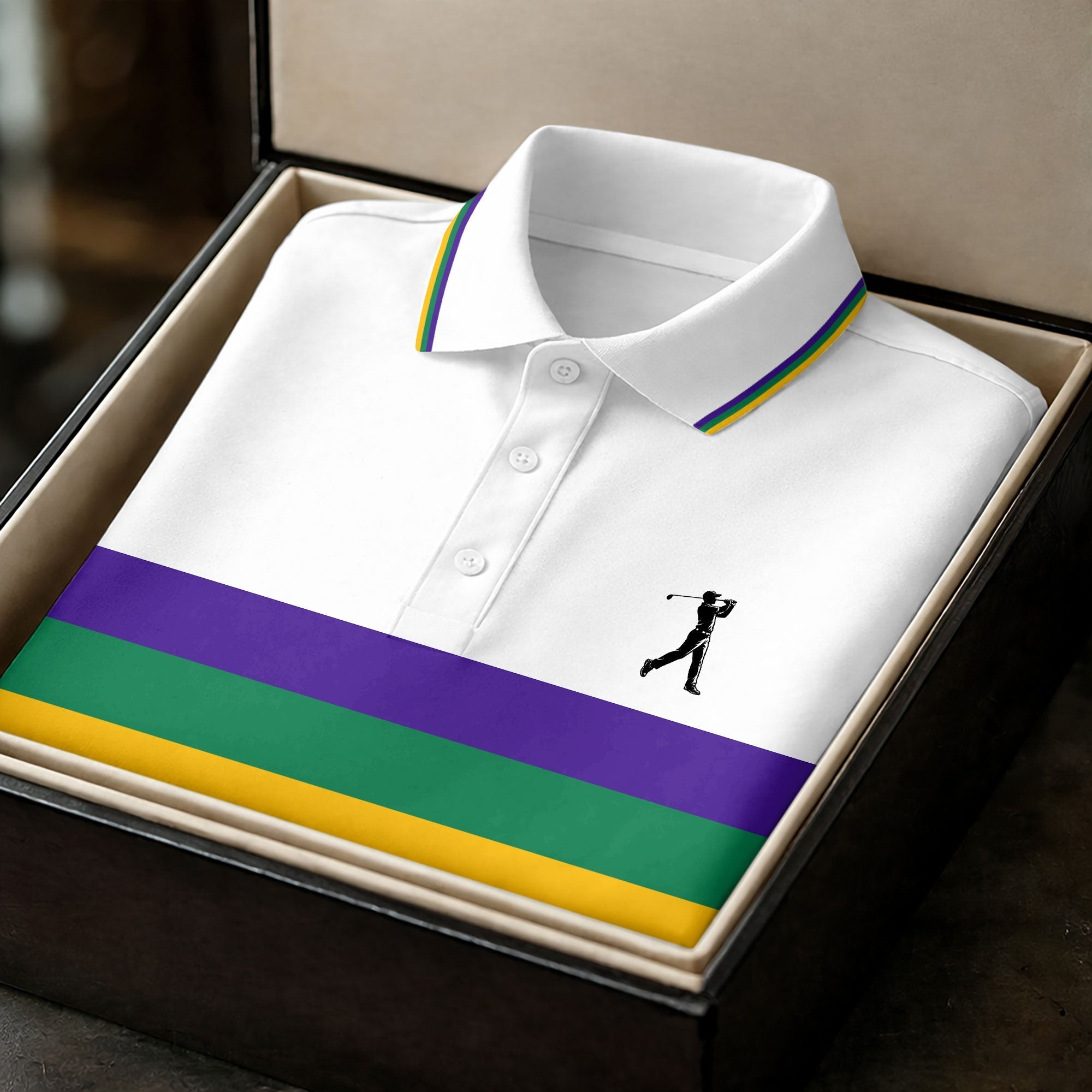 Mardi Gras Purple Green Gold Horizontal Stripes White Golf Shirt, Women's Golf Shirts, Ladies Golf Polos