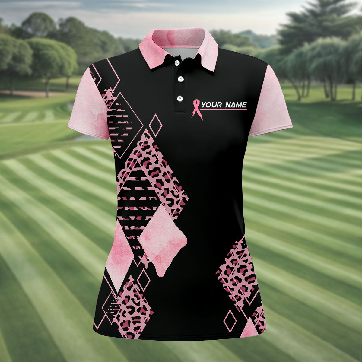 Peace Love Cure Women's Golf Shirt, Breast Cancer Awareness Shirt, Pink Leopard Golf Shirt, Golf Gift For Women
