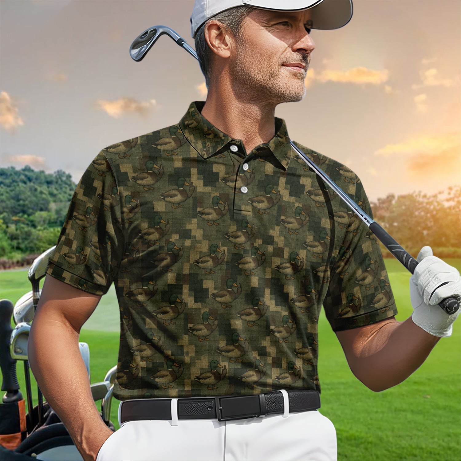 Mallard Duck Camo Polos For Men, Waterfowl Pattern Shirt, Crazy Golf Shirt For Golfer