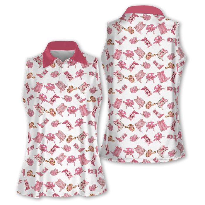 Cowgirl Sleeveless Womens Golf Shirts, Women's White Golf Shirt, Womens Golf Polo Shirt Womens Golf Tops