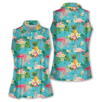 Flamingo Tropical Sleeveless Polo Shirtns, Women's Hawaiian Golf Shirts, Sleeveless Womens Golf Shirts