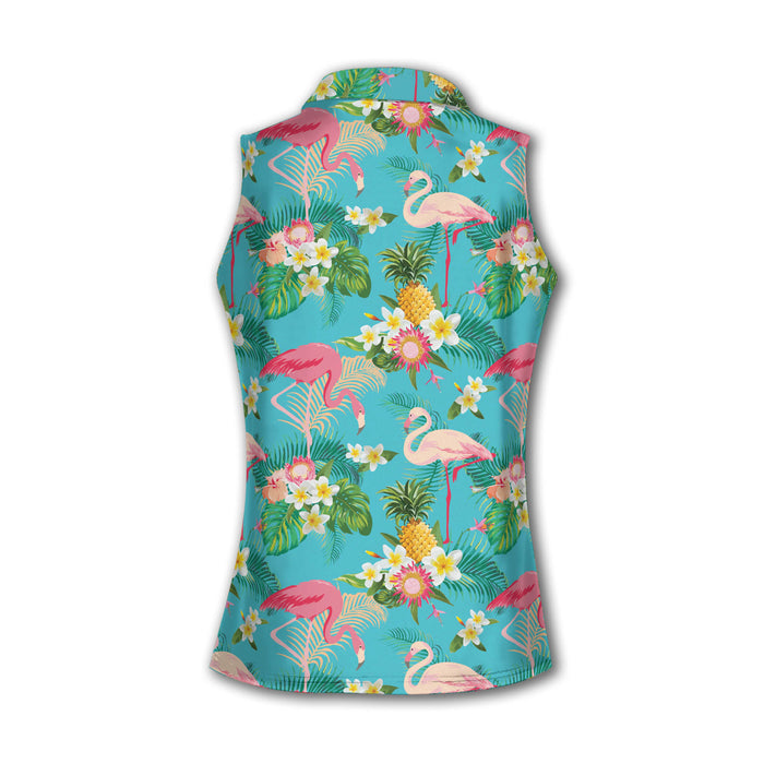 Flamingo Tropical Sleeveless Polo Shirtns, Women's Hawaiian Golf Shirts, Sleeveless Womens Golf Shirts