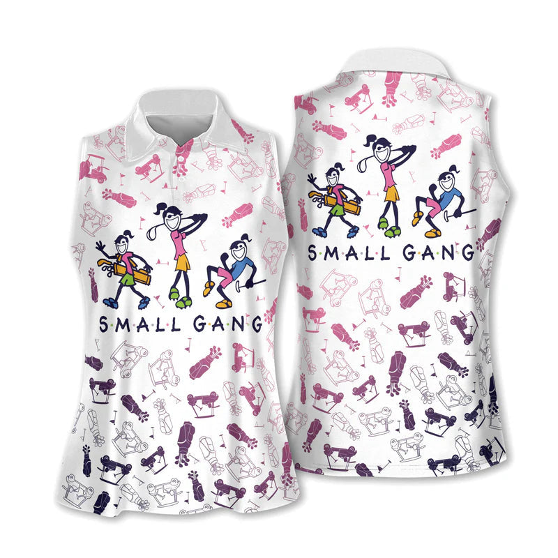 Small Gang Womens Stick Figure Sleeveless Golf Shirts, Matching Team Golf Shirts Ladies, Custom Ladies Golf Shirt