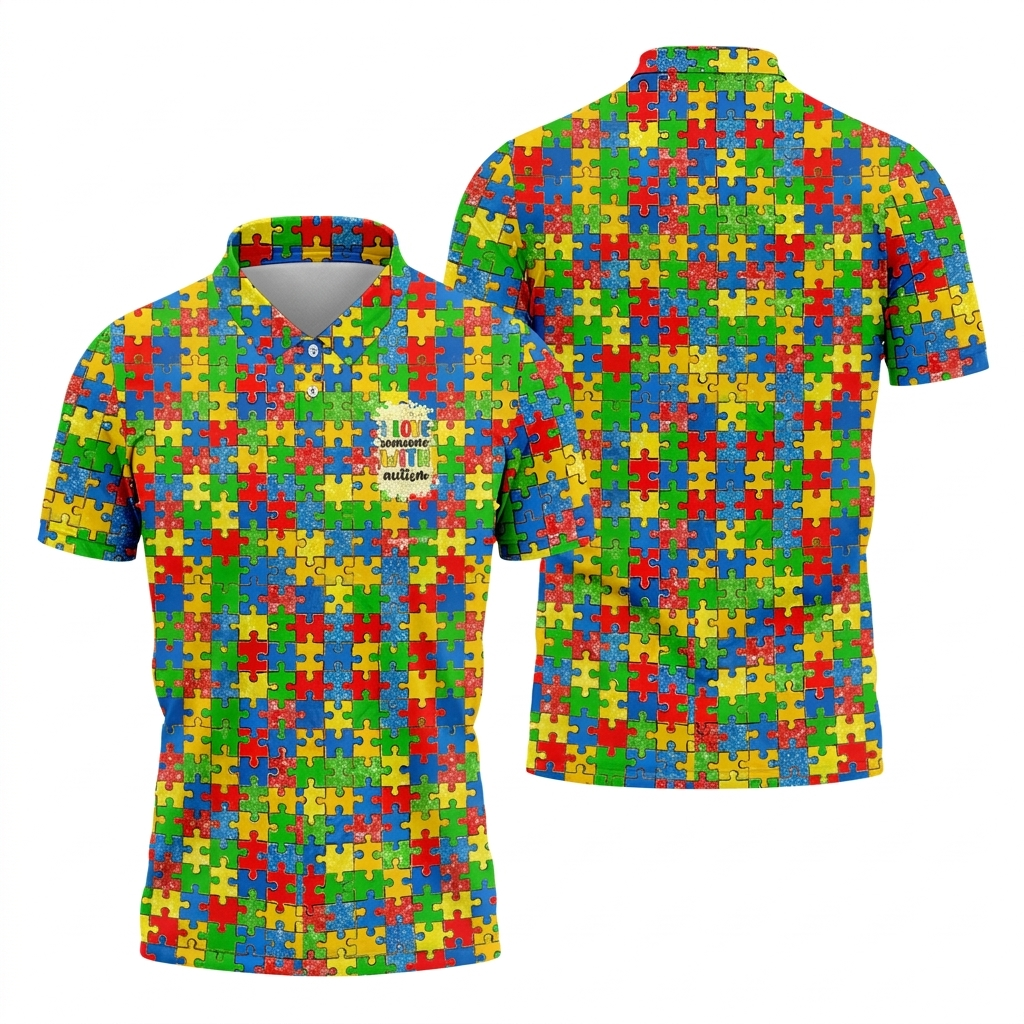 I Love Someone With Autism Colorful Puzzle Pattern Men's Golf Shirt, Autism Awareness Polo Shirts For Men