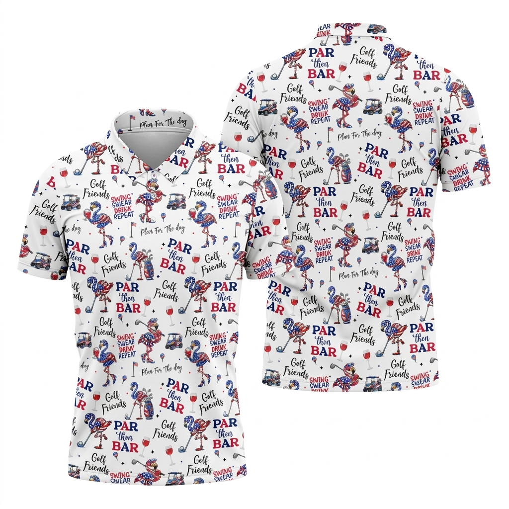 Funny Flamingo Patriotic Golf Polo Shirt - Par Then Bar Men's White Golf Shirt, 4th of July Drinking Flamingo Pattern