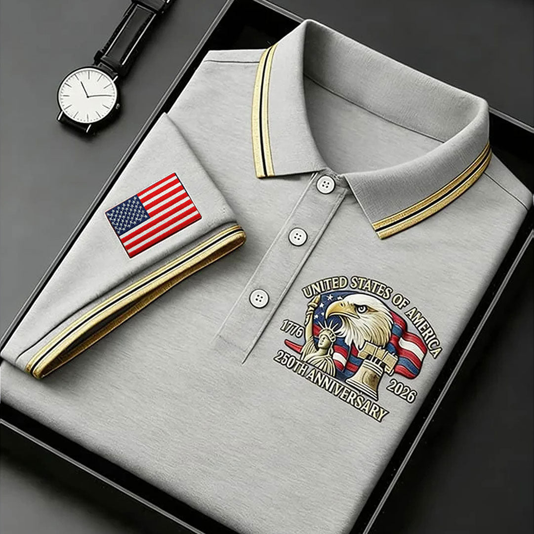 Bald Eagle American Flag 250 Years Grey Golf Shirt, Patriotic 4th Of July Golf Shirt For Women