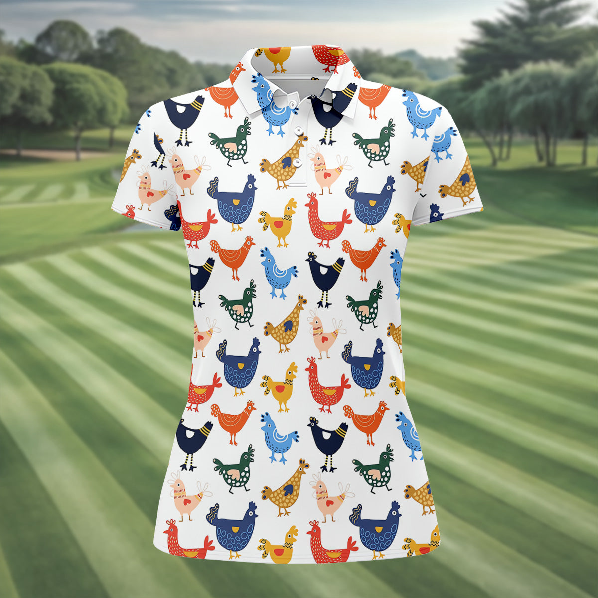 Colorful Animated Chickens White Polo Women, Gift For Chicken Lover, Ladies Golf Shirts, Golfing Apparel