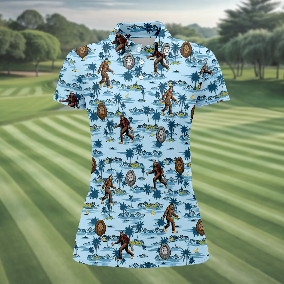 Blue Funny Sasquatch Tropical Golf Shirts, Ladies Golf Shirts, Golfing Apparel, Women's Polo Shirt