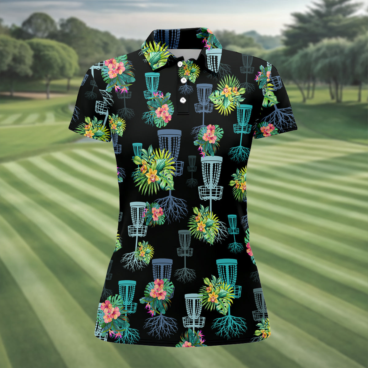 Tropical Floral Pattern Disc Golf Shirt, Black Golf Shirt, Ladies Golf Shirts, Women's Polo Shirt