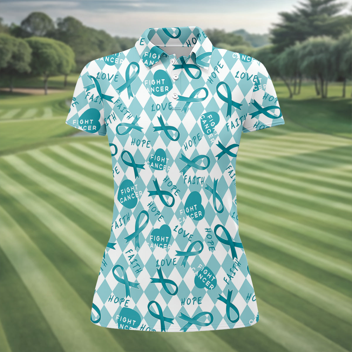 Ovarian Cancer Survivor Teal Ribbon Womens Golf Shirts, Ladies Golf Polos, Golfing Apparel