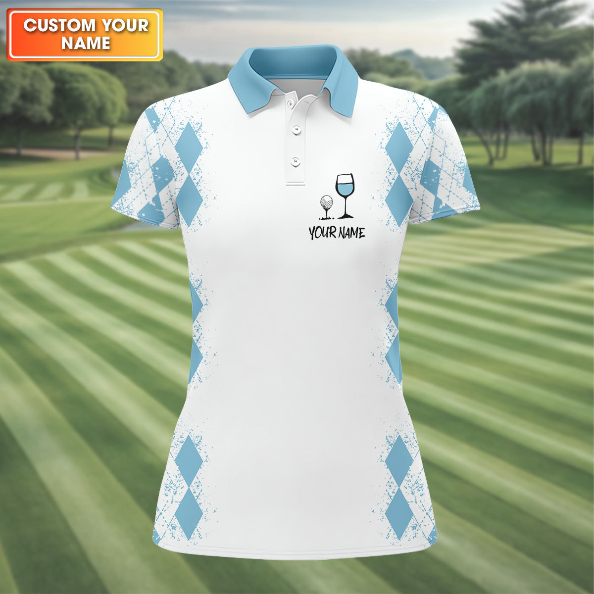 Swing Swear Drink Repeat Light Blue Argyle Golf Shirt, Fun Womens Golf Shirts, White Polo Women, Ladies Golf Shirts