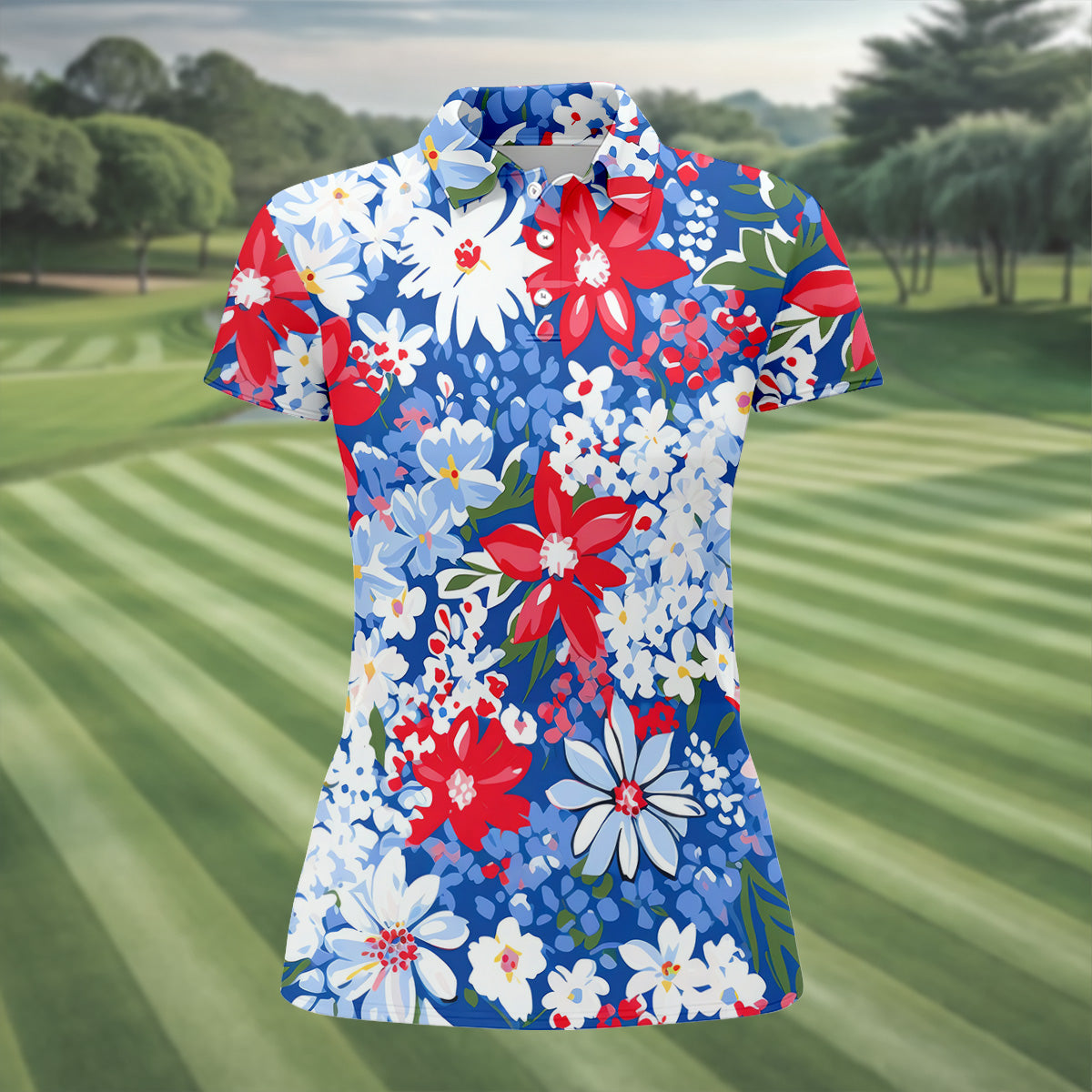 Red White Blue Flowers Seamless Pattern Women Golf Top, Patriotic Golf Shirt, Ladies Golf Polos