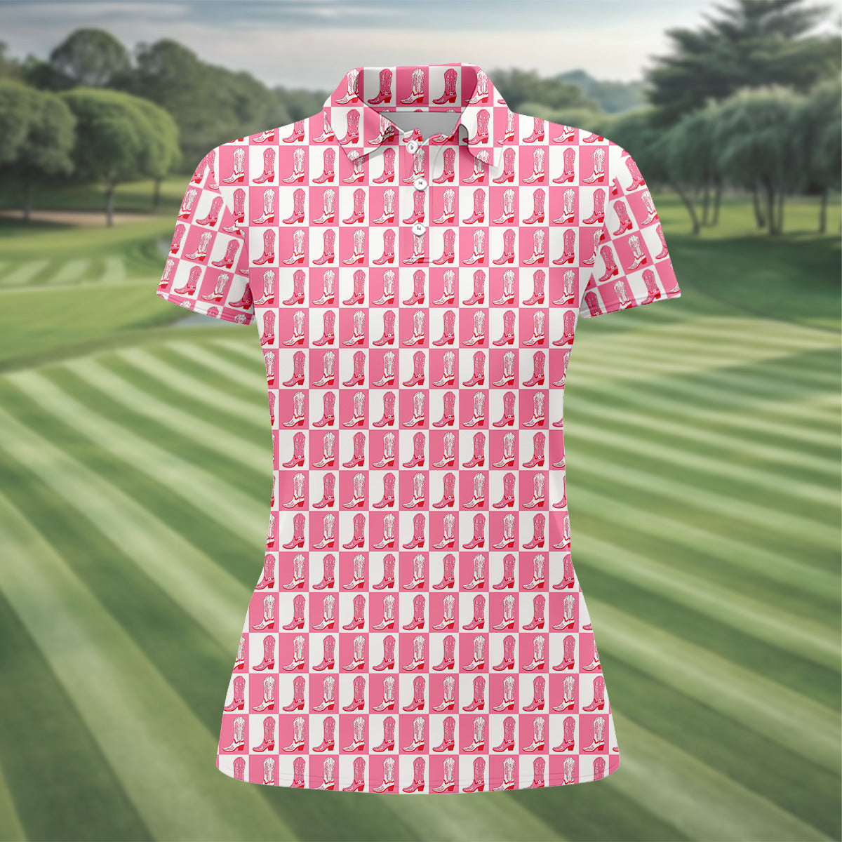 Western Cowgirl Boot Ladies Pink Golf Shirt, Western Golf Shirts Women, Ladies Golf Polos