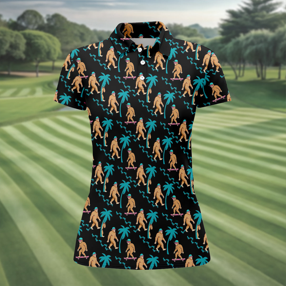Funny Bigfoot Tropical Palm Golf Shirt, Women Golf Top, Ladies Sleeveless Tops, Women's Golf Shirts