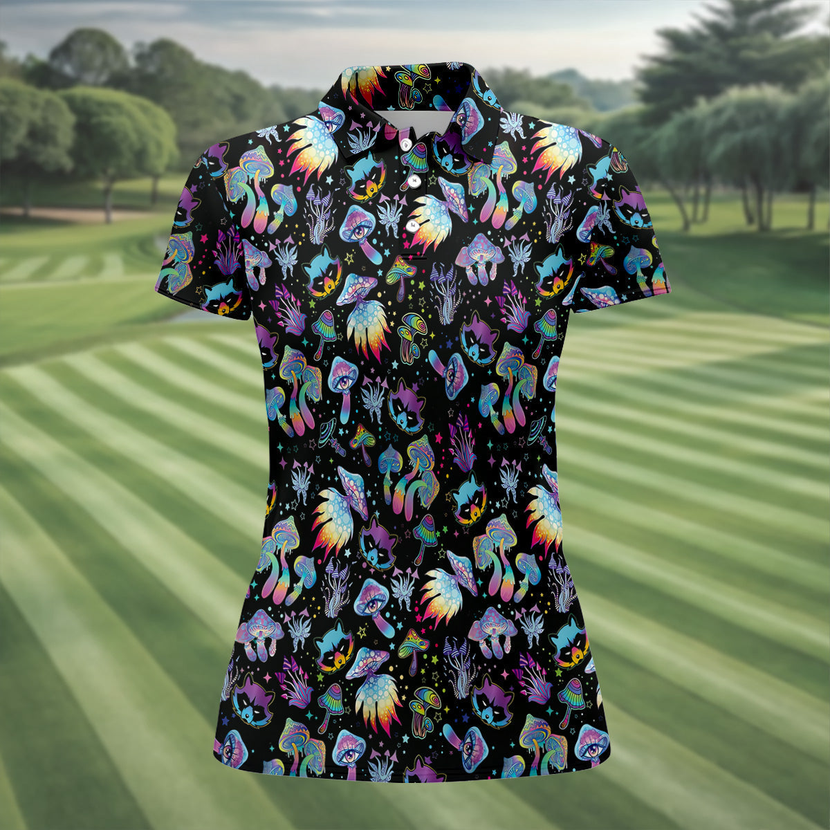 Funny Neon Cat Alien Mushroom Women Golf Shirt, Ladies Golf Polos, Cool Golf Gift