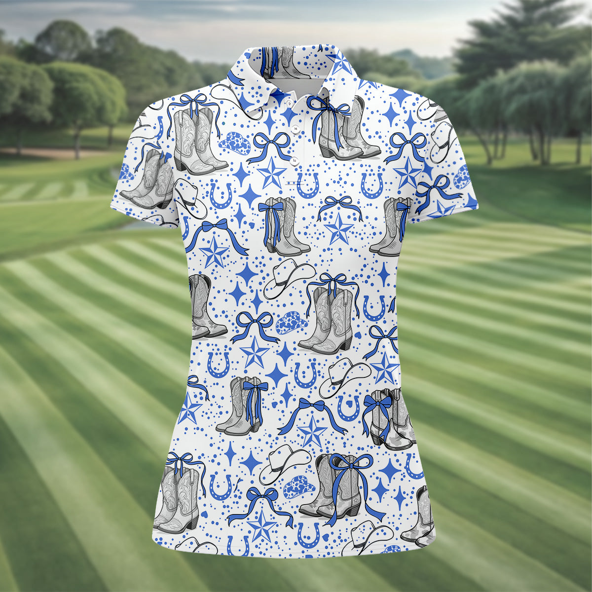 Coquette Cowgirl Boots Blue Western Golf Shirts Women, Retro Golf Shirt, Ladies Golf Polos
