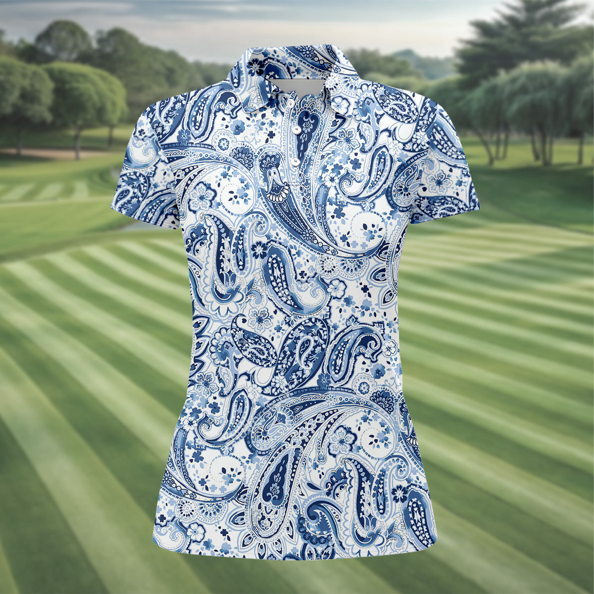 Blue Paisley Seamless Pattern Women Golf Top, Golf Shirt For Women, Women's Polo Shirt
