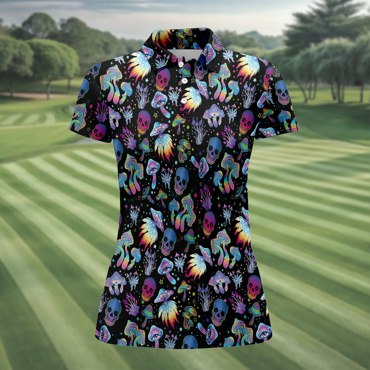 Funny Neon Skull Alien Mushroom Halloween Polo Shirt Women Golf Shirt, Ladies Golf Polos