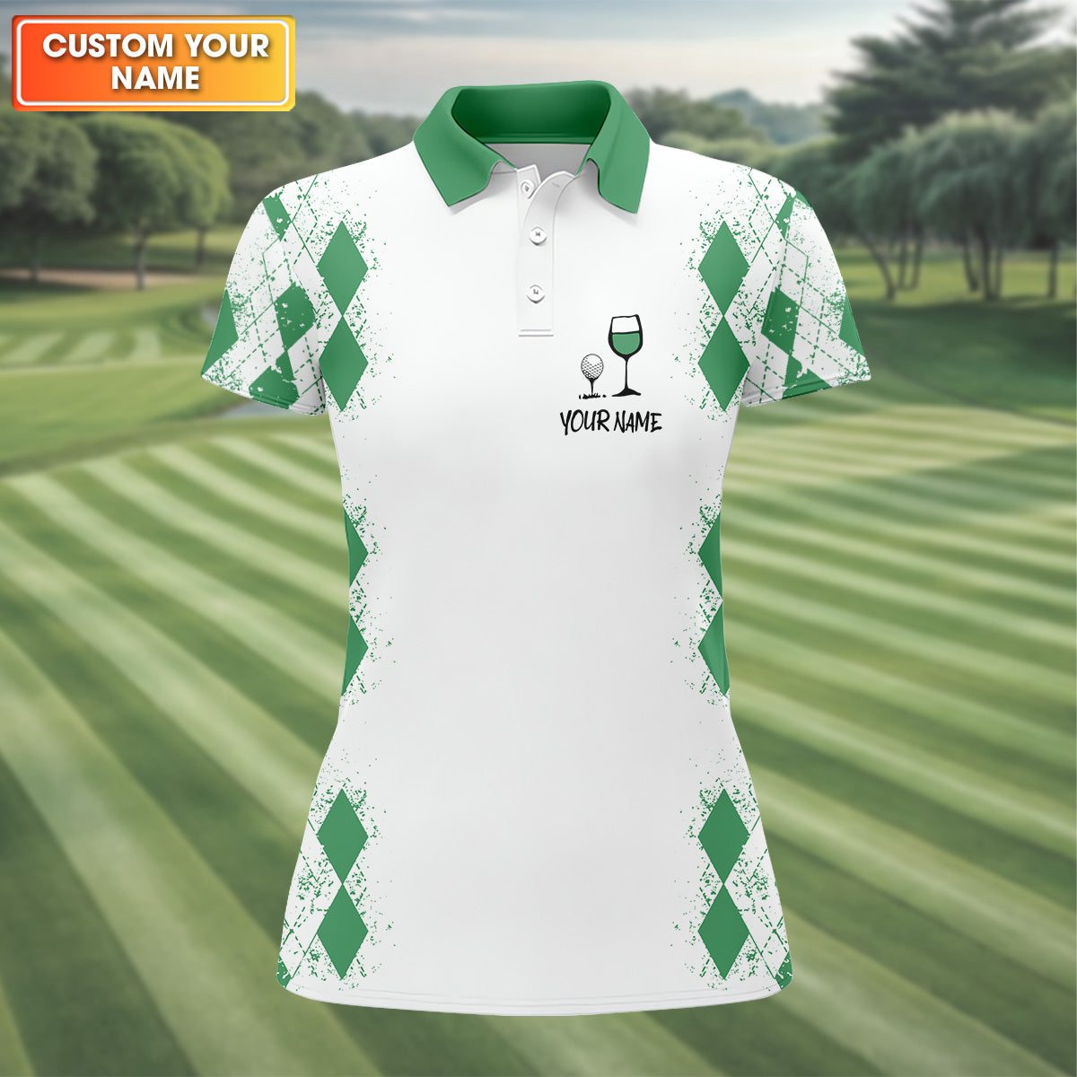 Swing Swear Drink Repeat Green Argyle Golf Shirt, Fun Womens Golf Shirts, White Polo Women, Ladies Golf Shirts