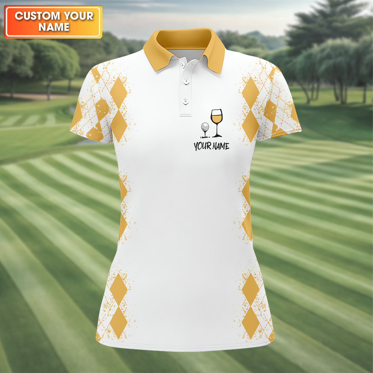 Swing Swear Drink Repeat Yellow Argyle Golf Shirt, Fun Womens Golf Shirts, White Polo Women, Ladies Golf Shirts