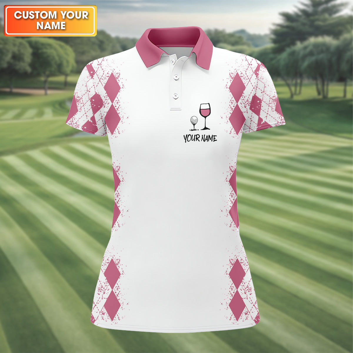 Swing Swear Drink Repeat Pink Argyle Golf Shirt, Fun Womens Golf Shirts, White Polo Women, Ladies Golf Shirts