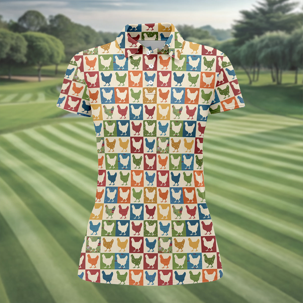 Chicken Rooster Colorful Checkered Women Golf Top, Gift For Chicken Lover, Ladies Golf Shirts