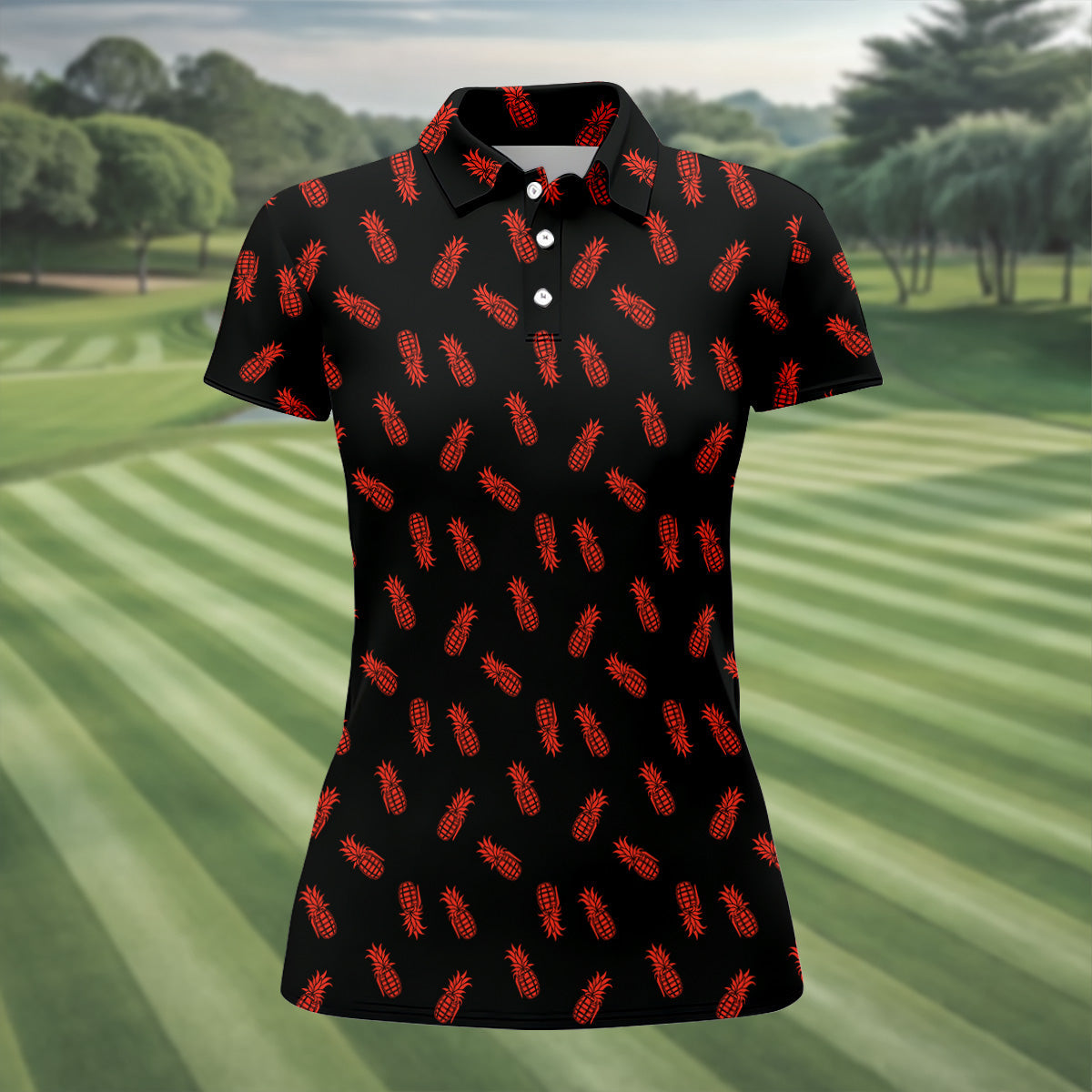 Pineapple Grenade Black And Red Women Golf Top, Cool Golf Gift, Ladies Golf Shirts