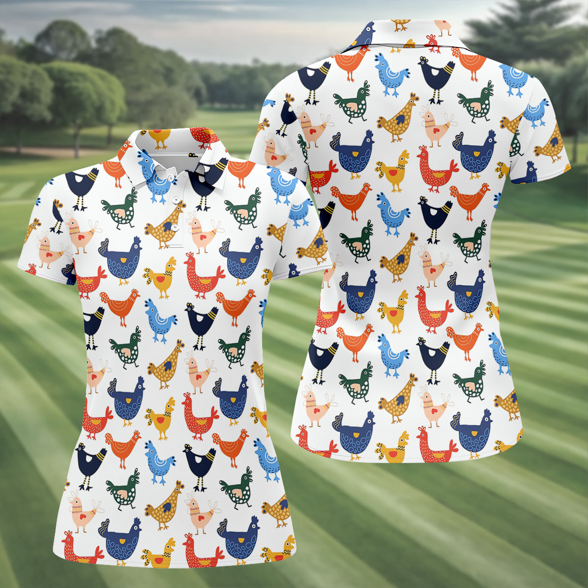 Colorful Animated Chickens White Polo Women, Gift For Chicken Lover, Ladies Golf Shirts, Golfing Apparel
