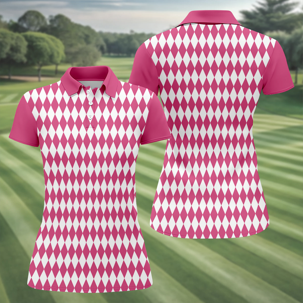 White And Pink Argyle Pattern Women's Golf Shirts, Ladies Sleeveless Polo, Ladies Golf Shirts