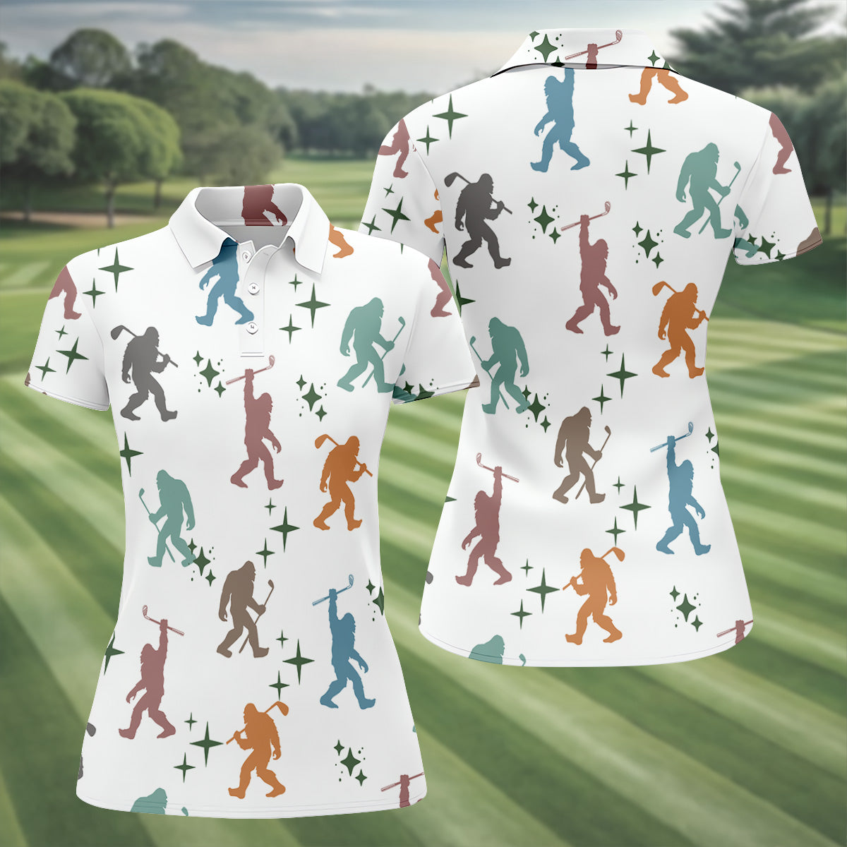 Colorful Bigfoot Silhouette Pattern Fun Women's Golf Shirts, Unique Gift For Golfer, Ladies Golf Polos