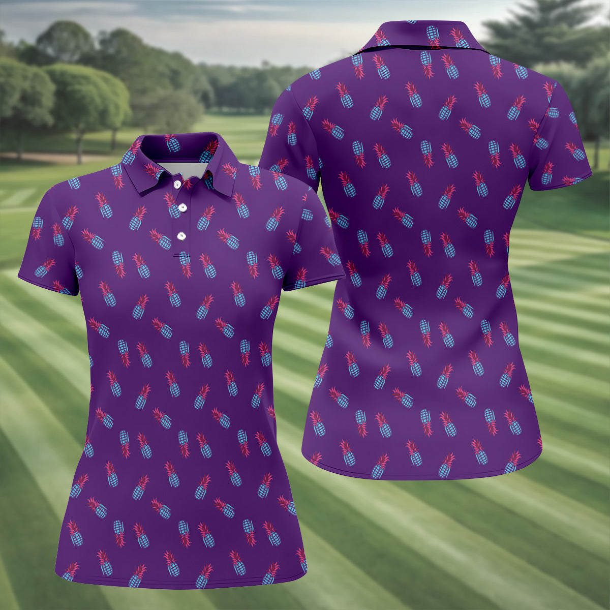 Pineapple Grenade Purple Women Golf Top, Cool Golf Gift, Ladies Golf Shirts, Golfing Apparel