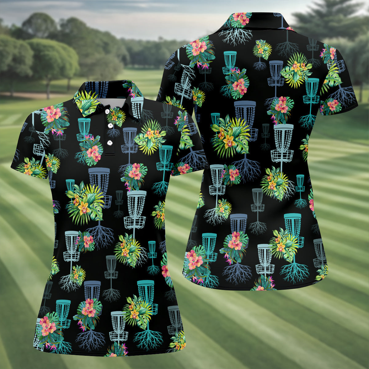 Tropical Floral Pattern Disc Golf Shirt, Black Golf Shirt, Ladies Golf Shirts, Women's Polo Shirt